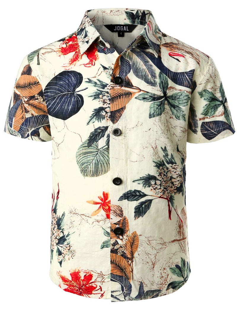 JOGAL Big Boy's Floral Casual Button Down Short Sleeve Hawaiian Shirt 8 White - Image 1
